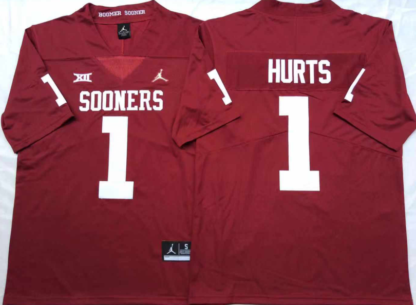 NCAA Men Oklahoma Sooners Red #1 HURTS->ncaa teams->NCAA Jersey